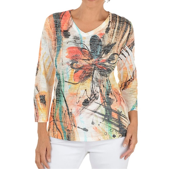 Jess & Jane Sola High-Low Burnout Knit Top Medium V-Neck Multicolor - Picture 1 of 11